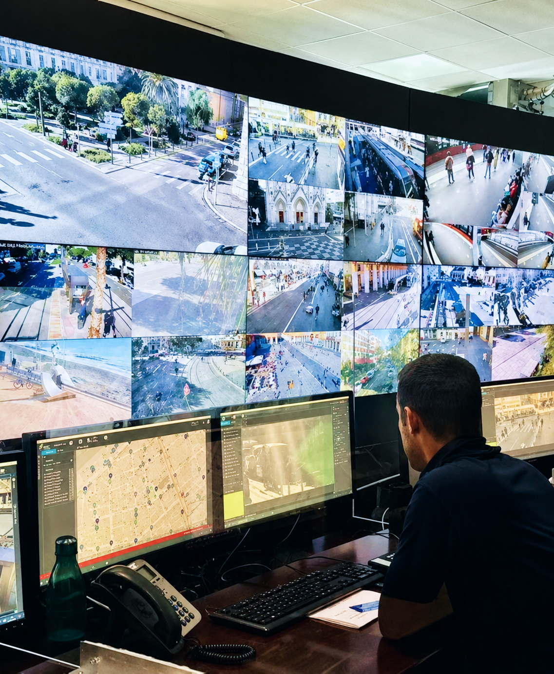 Opérateur de vidéoprotection devant un mur d'écrans de caméras urbaines équipées de l'IA vidéo Wintics