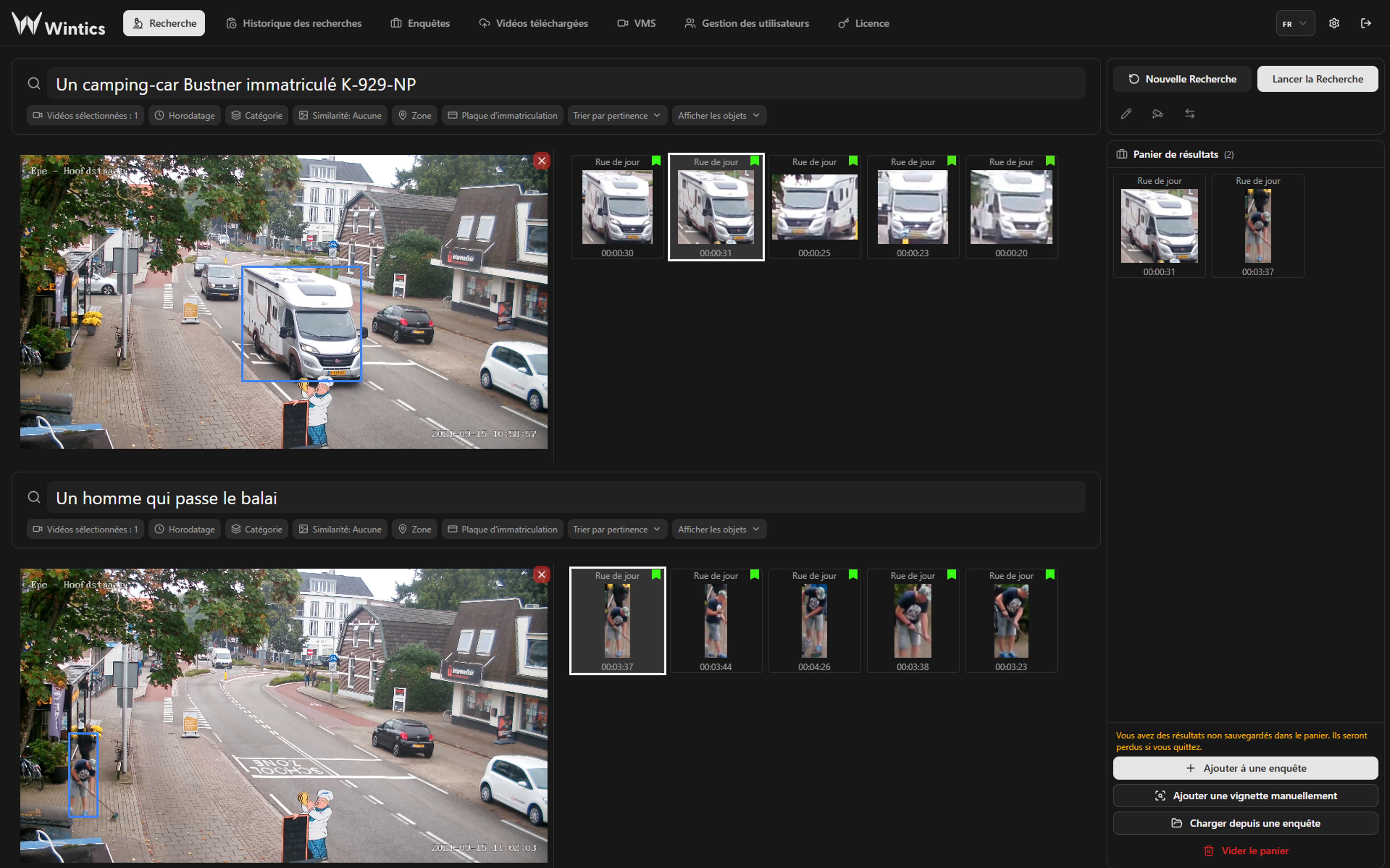 Interface du logiciel Wintics SEARCH : recherche vidéo par IA pour l'investigation et les enquêtes